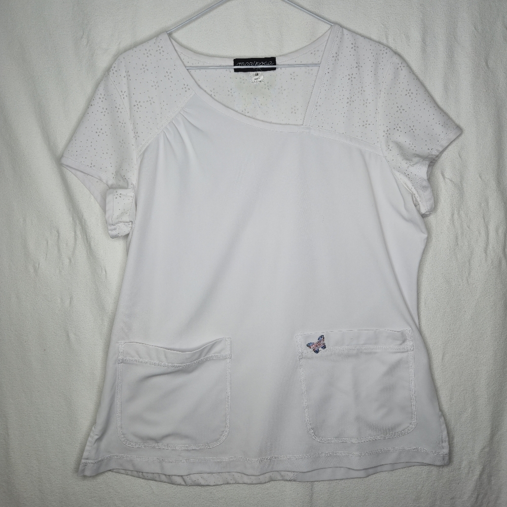 Mariposa Ladies White Scrub Top Uniform With Butterfly Accents Size Medium
